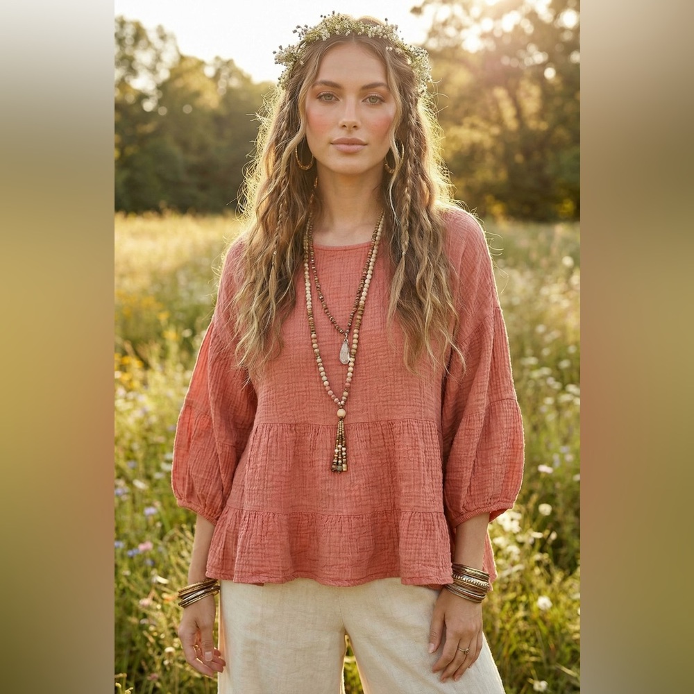 JADED GYPSY On the Rise Gauzey Long Sleeve Boho Hippie Top Red Distressed Wash